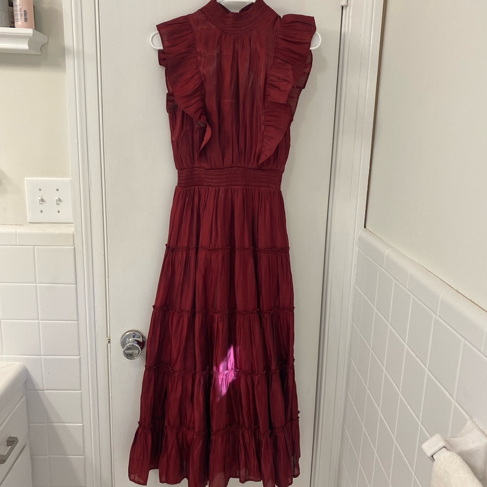 High Neck Burgundy Shiny Midi Dress